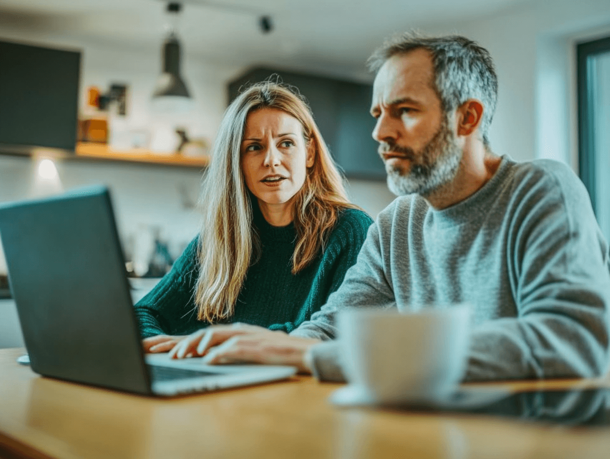 Husband and wife reading more about what happens if enhanced tax credits expire and their premium costs rise.